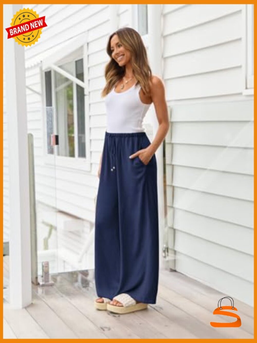Linen Palazzo Wide Leg Pants with Pockets High Rise - Picture 3 of 6